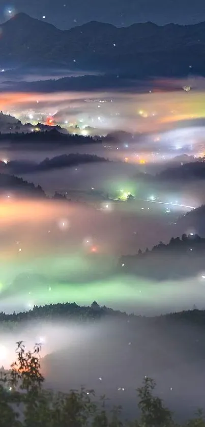 Dreamy colorful mist over mountainous night landscape.