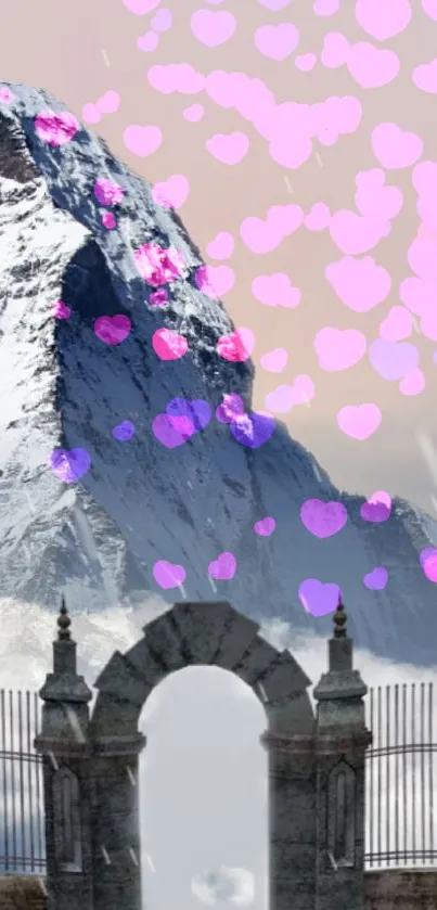 Mobile wallpaper featuring a snowy mountain with pink and purple hearts.