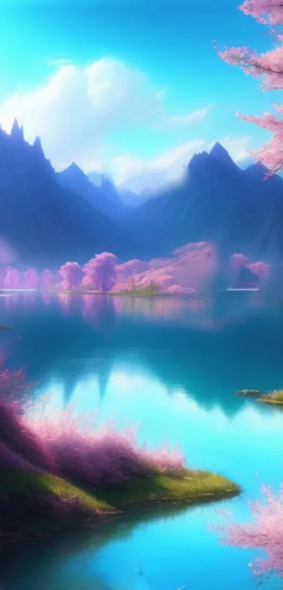 Dreamy mountain lake with cherry blossoms and vibrant sky.