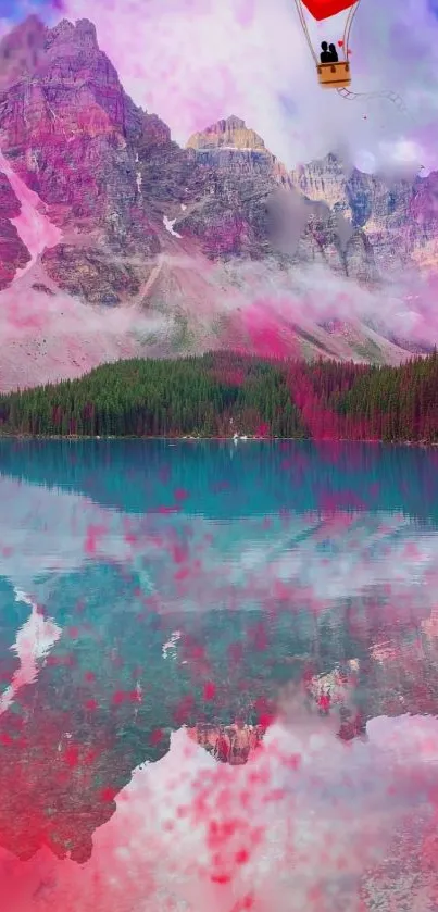 Dreamy mountain lake wallpaper with pink hues.