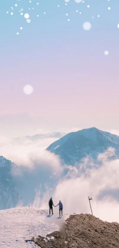 Dreamy mountain scene with pastel sky and snow-capped peaks.