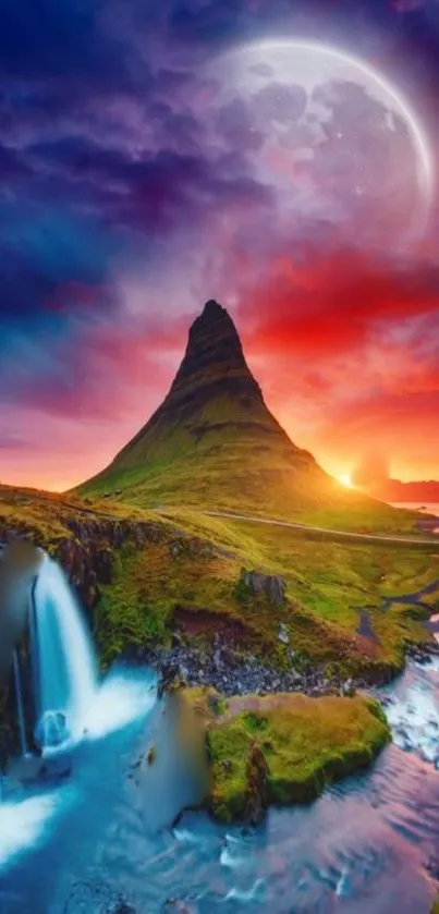 Mountain landscape with waterfall at sunset under a crescent moon.
