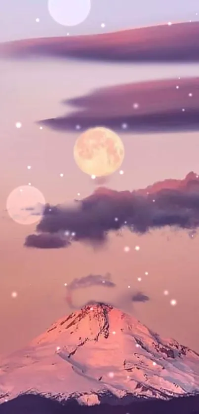 Dreamy mountain landscape under a moonlit pink sky.