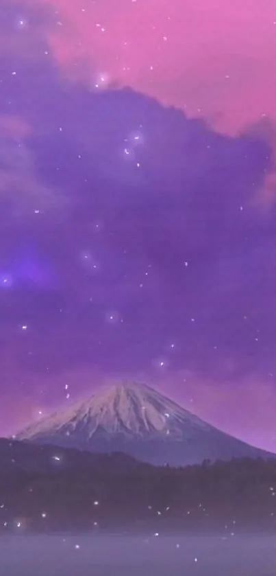 Dreamy purple night sky with mountain silhouette.