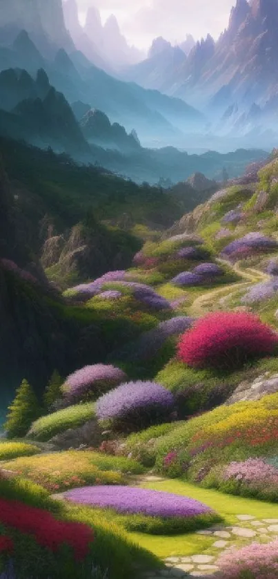 Vibrant mountain path with colorful flowers and distant peaks.