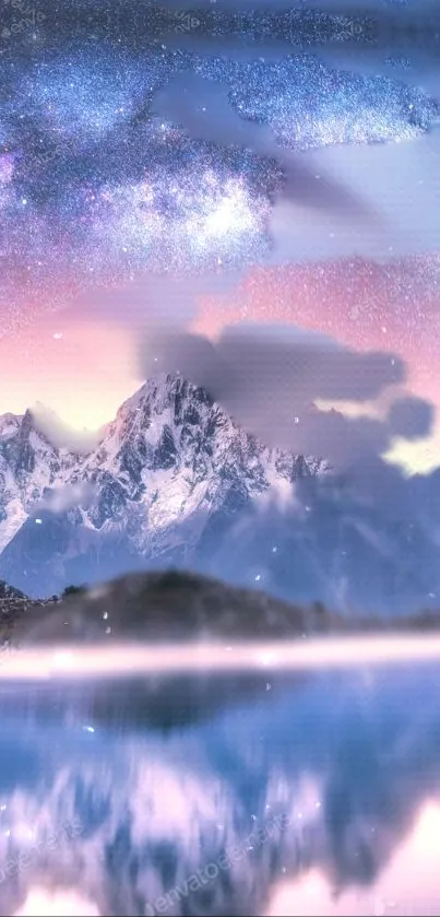 Dreamy mountain landscape reflecting under a starry night sky.