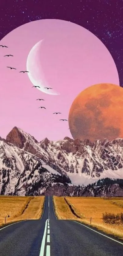 Surreal landscape with mountains, road, and celestial bodies against a purple sky.