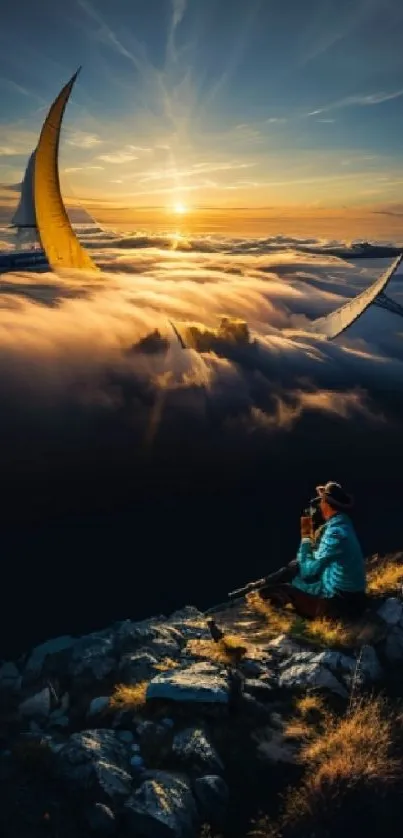 Dreamy mountain sunset with sailboats and clouds.