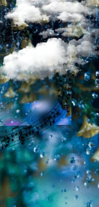 Dreamy mobile wallpaper with clouds, notes, and raindrops.