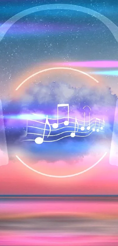 Dreamy wallpaper with headphones and music notes over a pastel sunset.