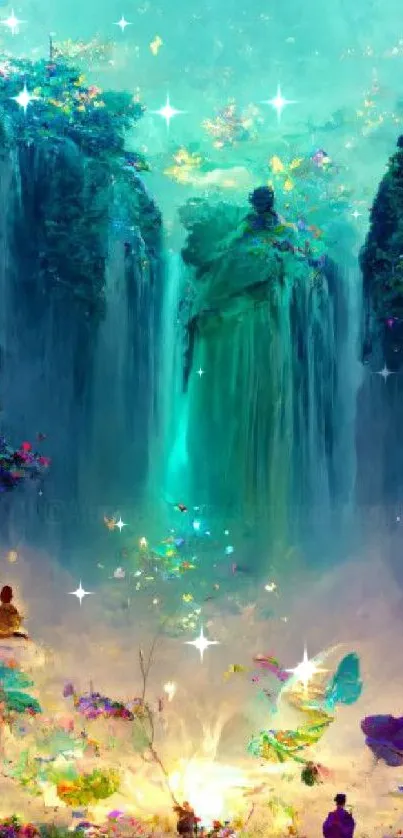 Mystical landscape wallpaper with waterfalls and butterflies.