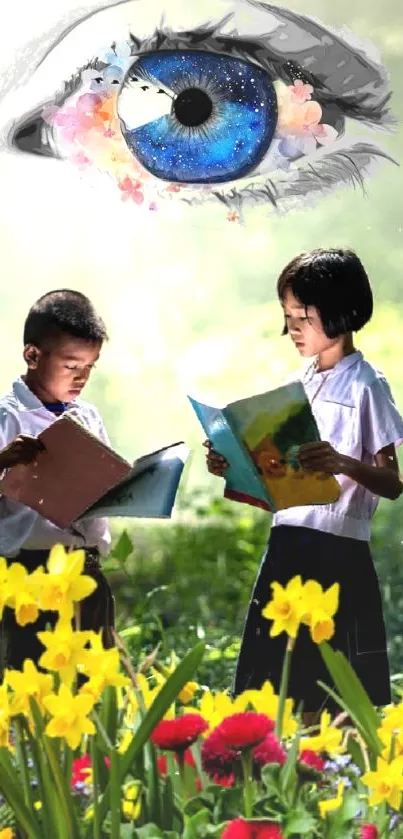 Children reading with a surreal sky eye above.