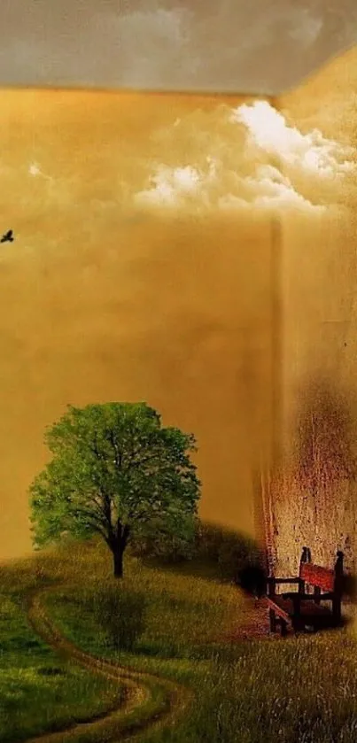 Surreal nature and book theme wallpaper with tree and golden sky.