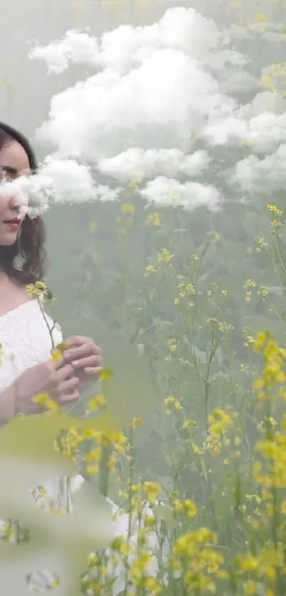 Woman with clouds and yellow flowers in dreamy nature.