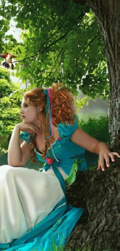 Woman in colorful dress under lush green tree.