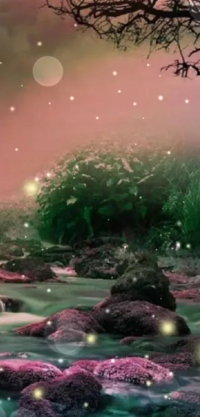 Dreamy pink nightscape with fireflies and stream.