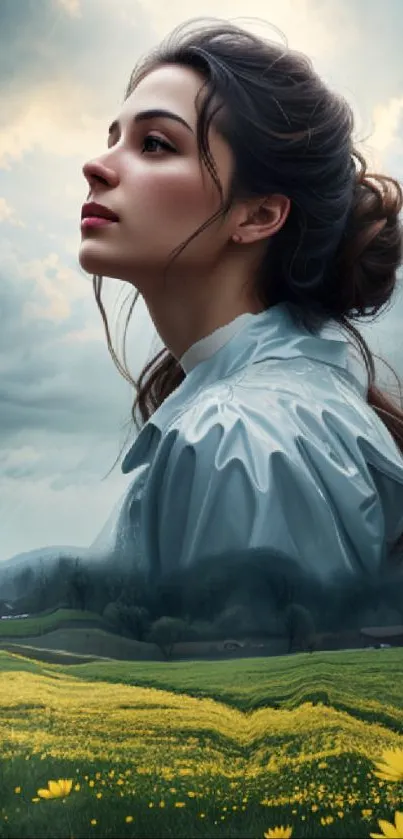 Dreamy portrait overlay on a scenic landscape with yellow flowers and cloudy skies.