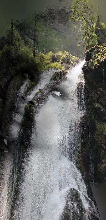 Surreal blend of nature and art with waterfall on phone wallpaper.
