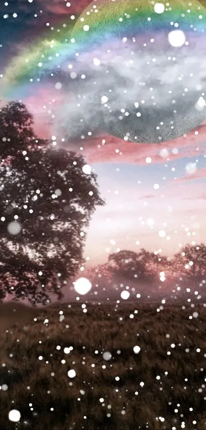 Dreamy nature wallpaper with rainbow and snowflakes.