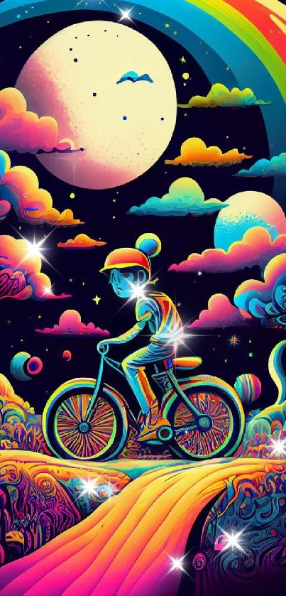 Colorful neon landscape with cyclist under a rainbow.