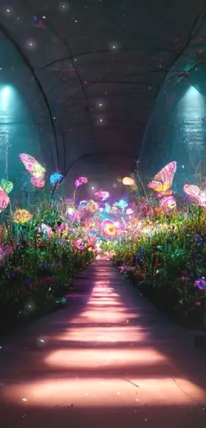 Neon-lit pathway with vibrant butterflies and flowers.