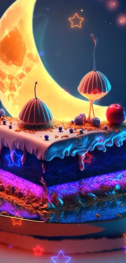 Dreamy fantasy cake under moonlit sky with neon glow.