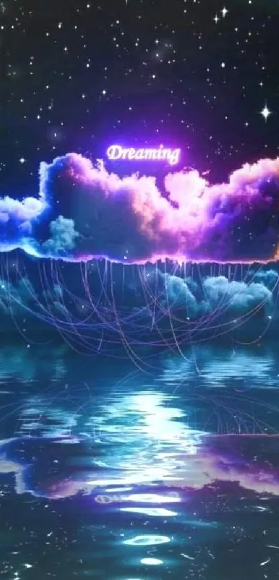 Neon-lit dream cloud over a starlit sea reflecting sky colors.