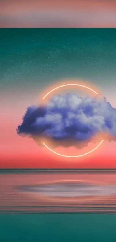 Neon cloud above ocean with teal and pink hues.