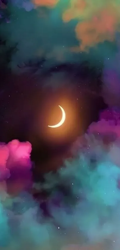 Dreamy neon sky with crescent moon and colorful clouds wallpaper.