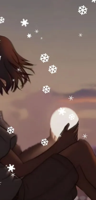 Anime silhouette with snowflakes and glowing light in a dreamy night scene.