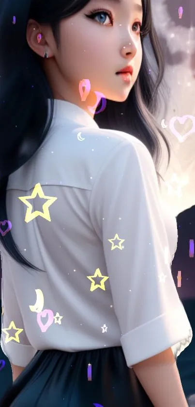 Anime girl gazing at the moon with dreamy heart and star decorations.