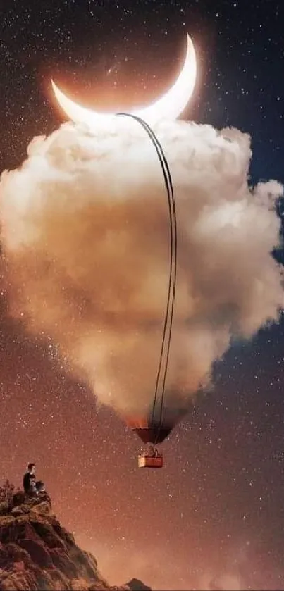 Surreal night scene with a cloud hot air balloon beneath a crescent moon and starry sky.