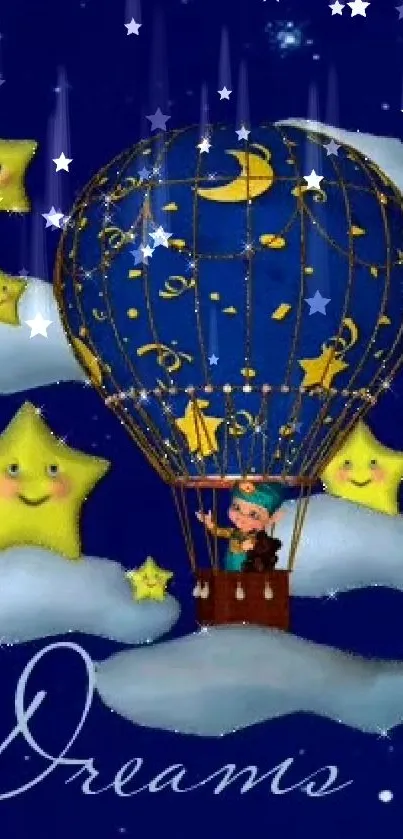 Whimsical night sky wallpaper with stars and a hot air balloon.