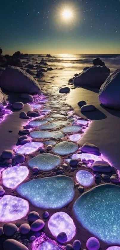 Glowing stones on a beach under a starry sky at night.