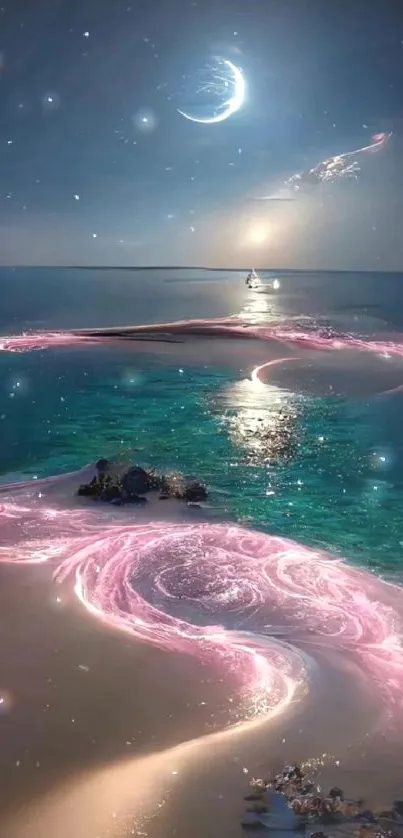 A surreal night beach with glowing pink waves and a crescent moon.