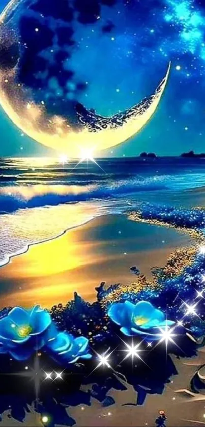 Crescent moon over a tranquil beach with blue flowers and a starry night sky.