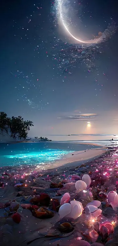 Dreamy night beach with a glowing shoreline and starry sky.