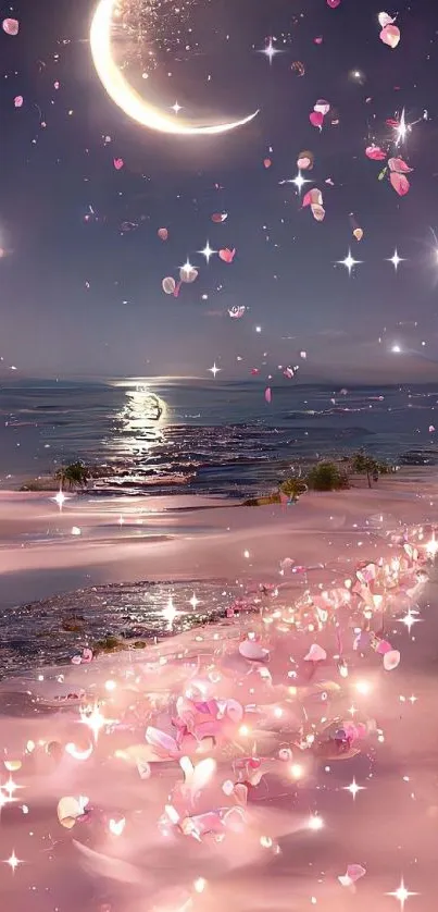 Dreamy night beach with crescent moon and petals.