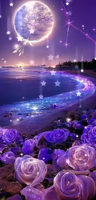 Dreamy night beach with purple roses and celestial sky.