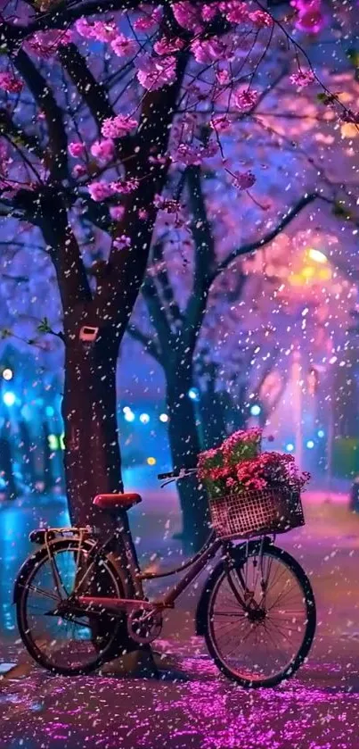 Bicycle under cherry blossoms at night on a serene street.