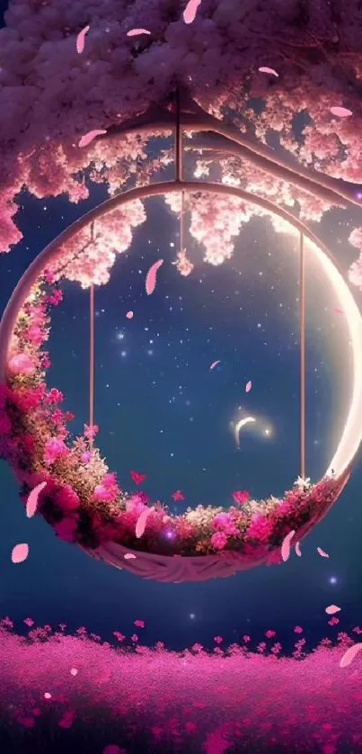 Dreamy round swing with pink blossoms under a starry night sky.