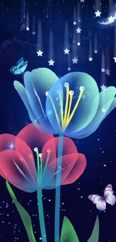 Neon flowers and butterflies under a crescent moon in a starry night sky.