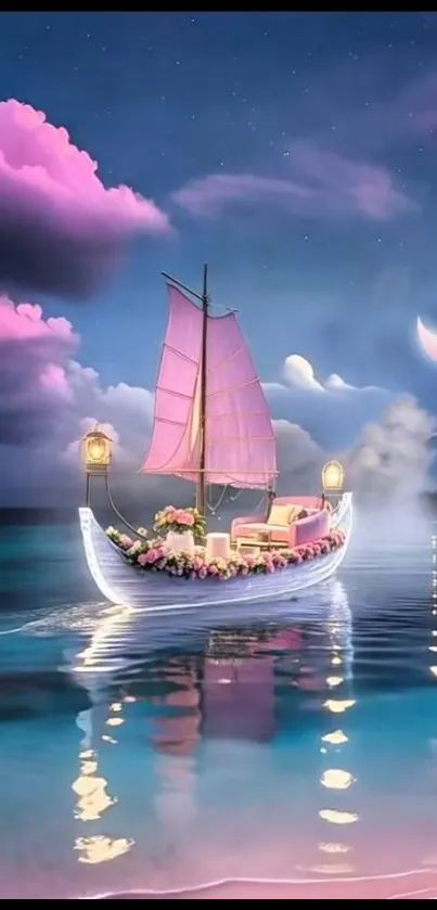 Fantasy moonlit boat sailing on tranquil pink waters under a starry sky.
