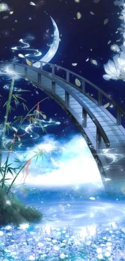 Dreamy night scene with a bridge, moon, and flowers.