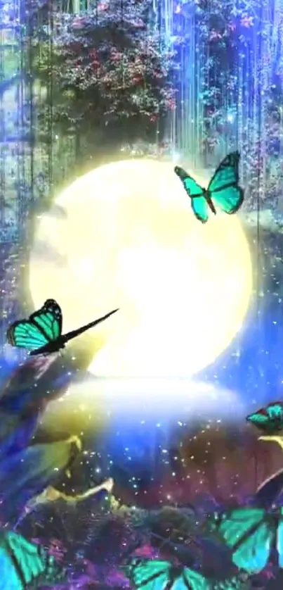 Turquoise butterflies flutter around a glowing full moon in a magical forest night scene.