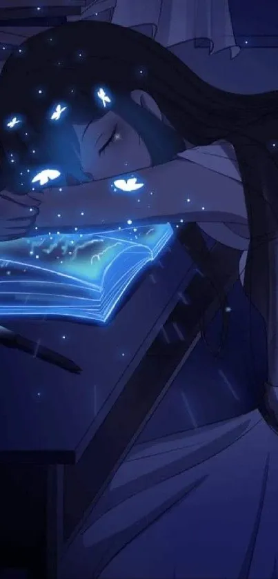 Anime girl sleeps with glowing book and butterflies in a magical night scene.