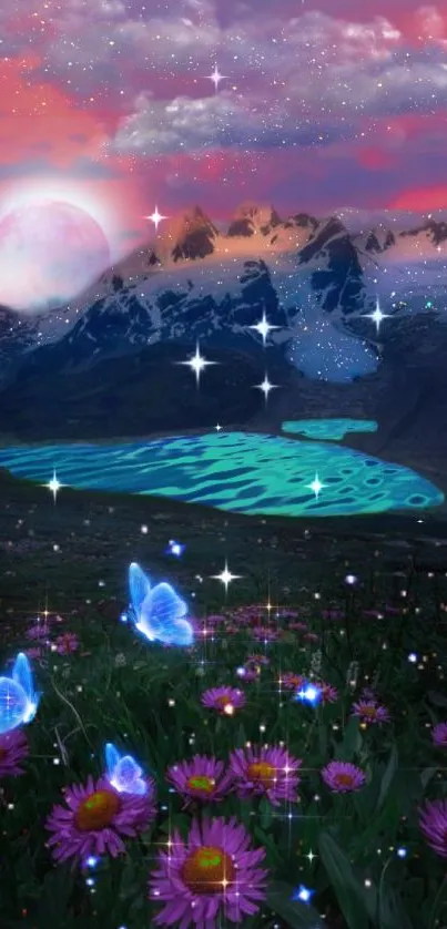 Luminous butterflies hover over flowers under a mystical mountain landscape.