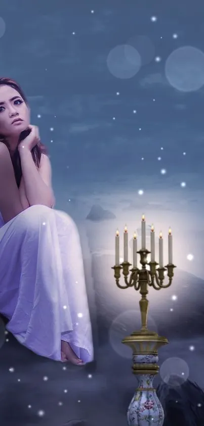 Dreamy woman with candles under a starry night sky.