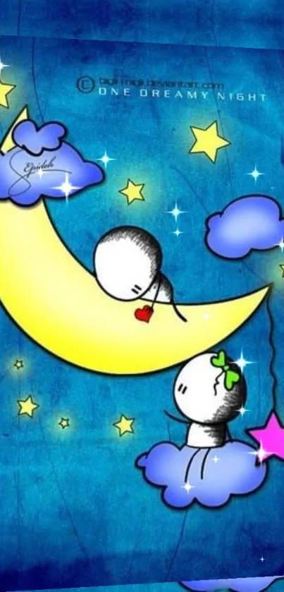 Cartoon night scene with crescent moon and stars.