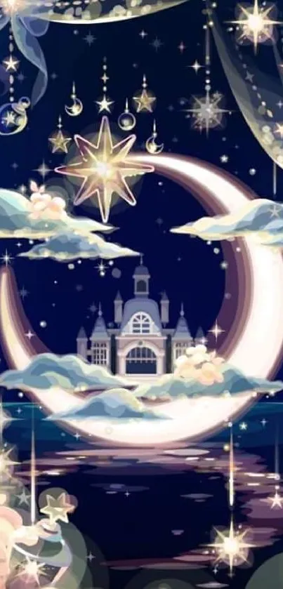 Whimsical castle under crescent moon with stars and clouds, in navy blue hues.